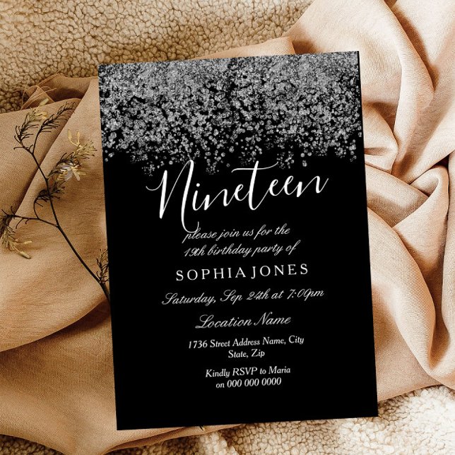Invitation Parties scintillant d'argent noir Confetti 19e ann (Créateur téléchargé)