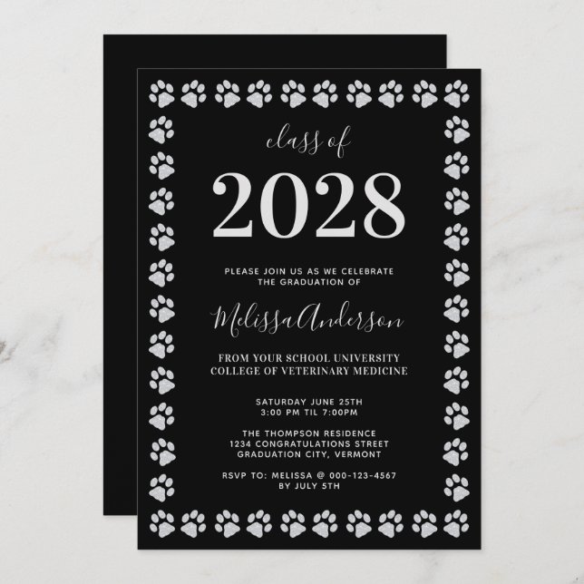 Invitation Parties scintillant d'argent noir Empreintes de pa (Devant / Derrière)