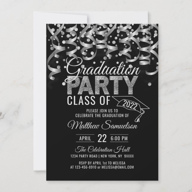 Invitation Parties scintillant d'argent noir moderne GRADUATI (Devant)