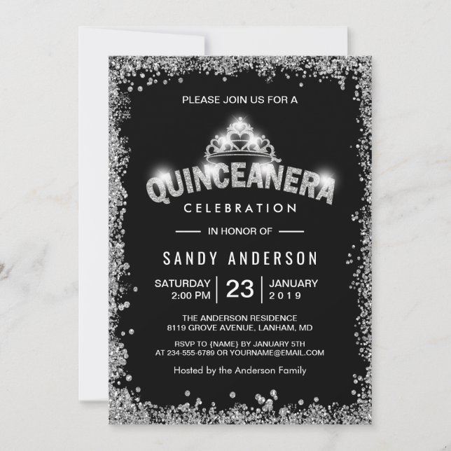 Invitation Parties scintillant d'argent noir Quinceanera 15e  (Devant)