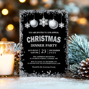 Invitation Parties scintillant d'argent noir Snowflakes Noël
