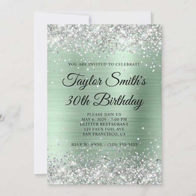 Invitation Parties scintillant d'argent Pale Mint Monogramme  (Devant)