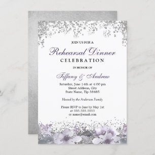 Invitation Parties scintillant d'argent Purple Floral Dîner d