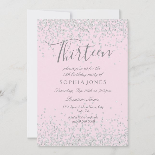 Invitation Parties scintillant d'argent rose 13e anniversaire (Devant)