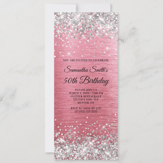 Invitation Parties scintillant d'argent rose brossé huile 50e (Devant)