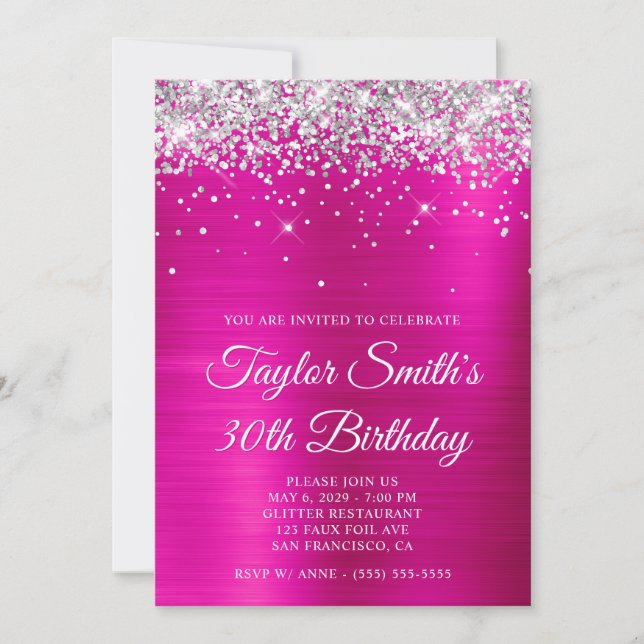 Invitation Parties scintillant d'argent rose chaud 30e annive (Devant)