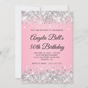 Invitation Parties scintillant d'argent rose fantaisie Monogr