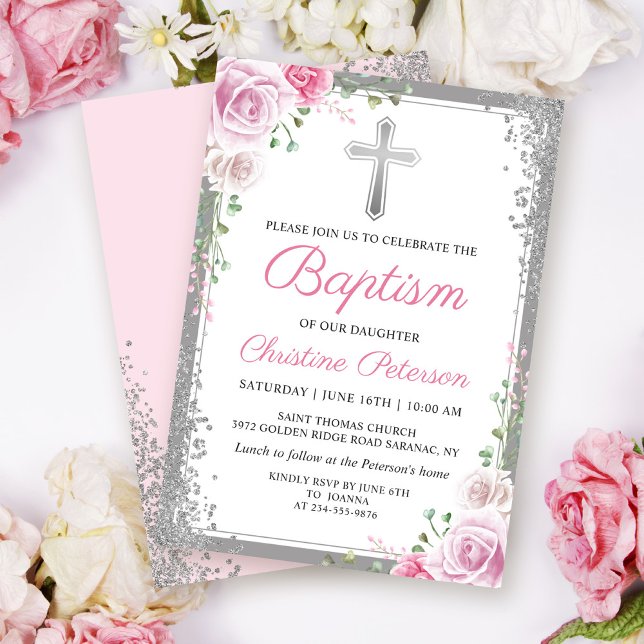 Invitation Parties scintillant d'argent rose floral fille Bap (Créateur téléchargé)