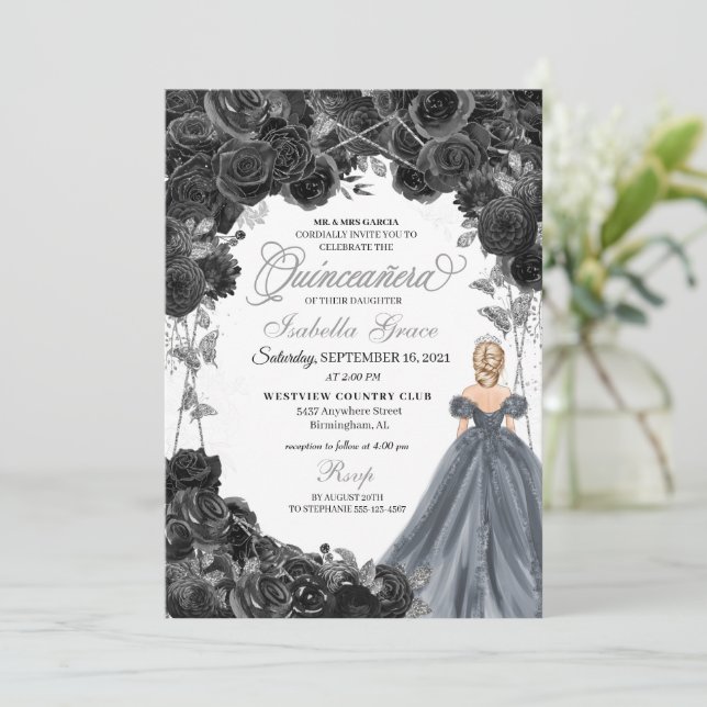 Invitation Parties scintillant d'argent Rose noir espagnol Qu (Debout devant)