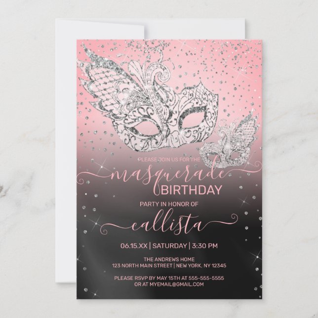 Invitation Parties scintillant d'argent rose noir mascarade A (Devant)