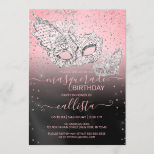 Invitation Parties scintillant d'argent rose noir mascarade A