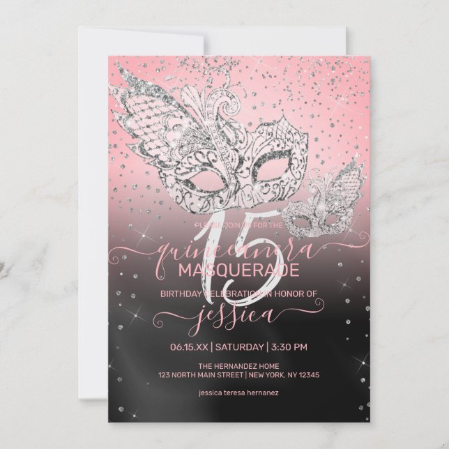 Invitation Parties scintillant d'argent rose noir Mascarade Q (Devant)