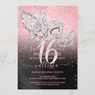 Invitation Parties scintillant d'argent rose noir Masquerade