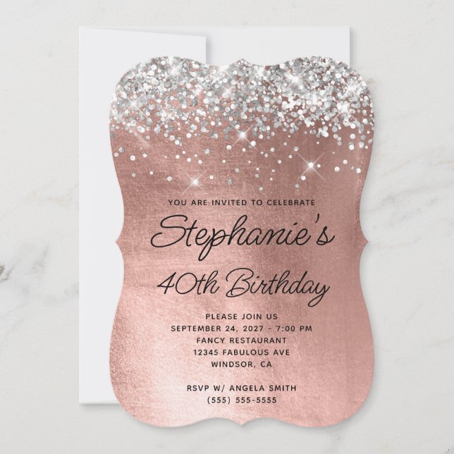 Invitation Parties scintillant d'argent Rose or Monogramme 40 (Devant)