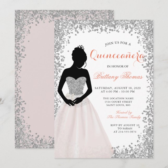 Invitation Parties scintillant d'argent rose Quinceanera 15e  (Devant / Derrière)