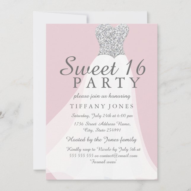 Invitation Parties scintillant d'argent rose Robe blanche Dou (Devant)
