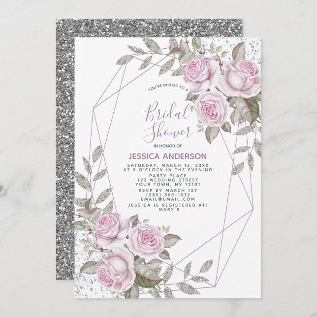 Invitation Parties scintillant d'argent rose violet Fête des  (Devant / Derrière)