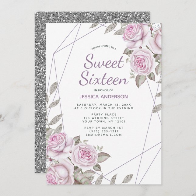 Invitation Parties scintillant d'argent rose violet Sweet six (Devant / Derrière)