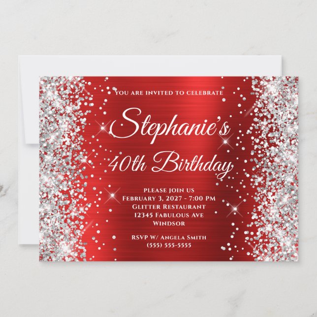 Invitation Parties scintillant d'argent Rouge Blanc Monogramm (Devant)