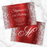 Invitation Parties scintillant d'argent Rouge fantaisie Monog<br><div class="desc">Créez votre propre monogramme élégant jalon 21e anniversaire de célébration horizontale format 5x7 invitation pour elle. Des graphiques de parties scintillant en argent brillant décoratifs bordent les bords sur un art numérique en papier métallique de style faux rouge vif. Customisez l'invitation et les couleurs ou styles de police monogramme. Vous...</div>