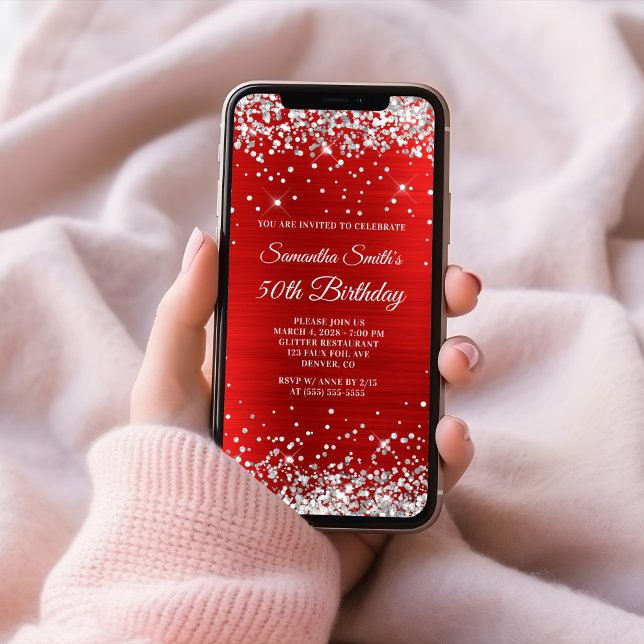 Invitation Parties scintillant d'argent Rouge huile 50e anniv (Silver Glitter Red Foil 50th Birthday Invitation)