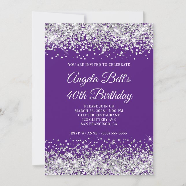 Invitation Parties scintillant d'argent Royal violet 40e anni (Devant)