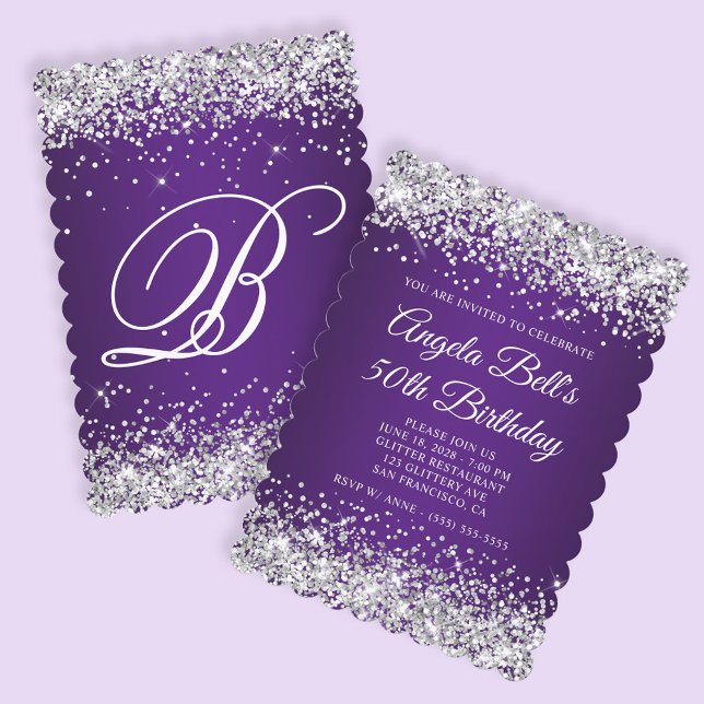 Invitation Parties scintillant d'argent Royal violet Monogram (Create your own royal purple with faux silver glitter birthday invite.)