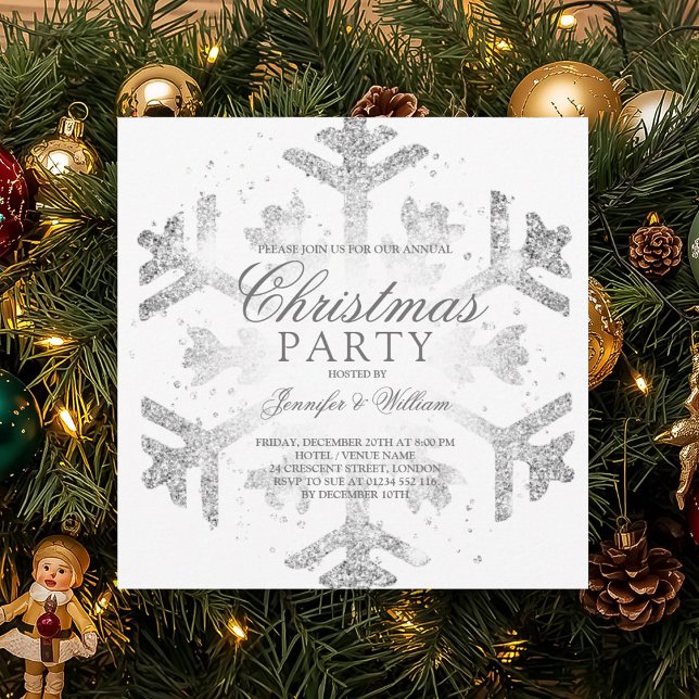 Invitation Parties scintillant d'argent Snowflake Noël Fête (Silver Glitter Snowflake Xmas Holiday Party Invitation)