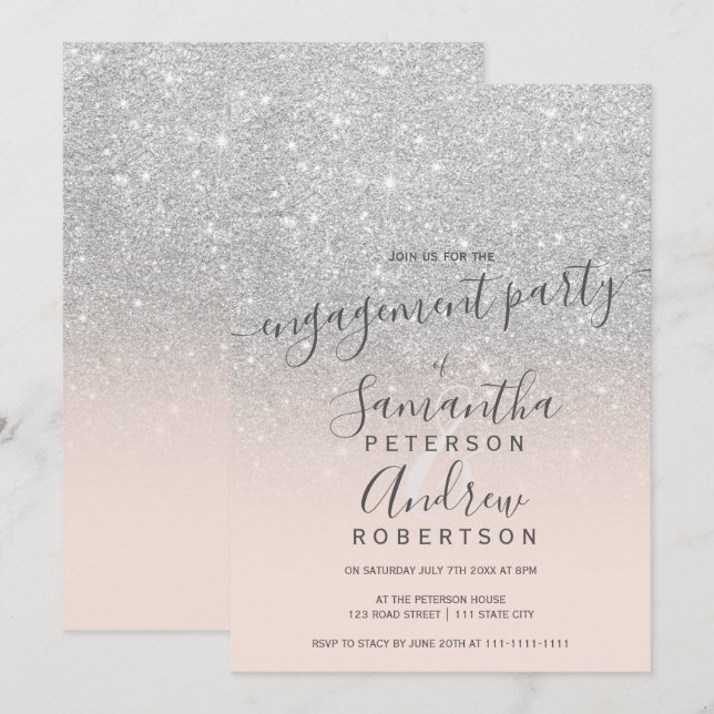 Invitation parties scintillant d'argent sombre script rose pâ (Devant / Derrière)
