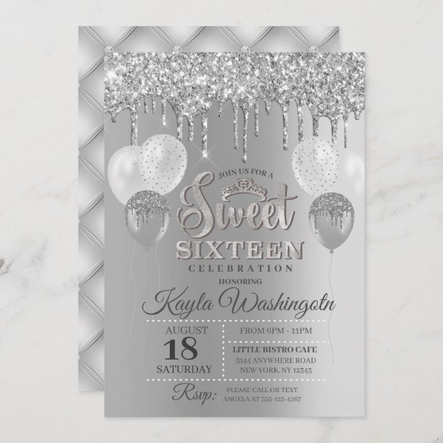 Invitation Parties scintillant d'argent Sweet sixteen d'anniv (Devant / Derrière)