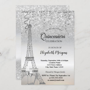 Invitation Parties scintillant d'argent Tour Eiffel, talon, V