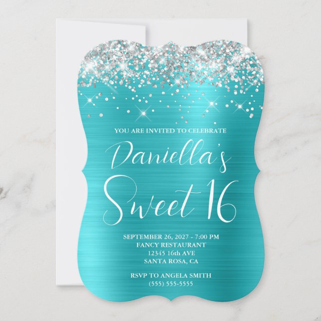Invitation Parties scintillant d'argent Turquoise Bleu Luxueu (Devant)