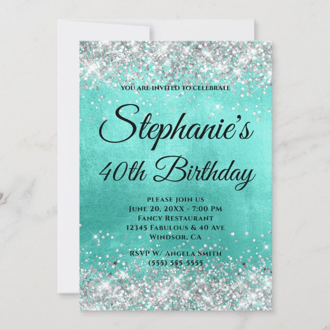 Invitation Parties scintillant d'argent Turquoise Foil Fancy  (Devant)
