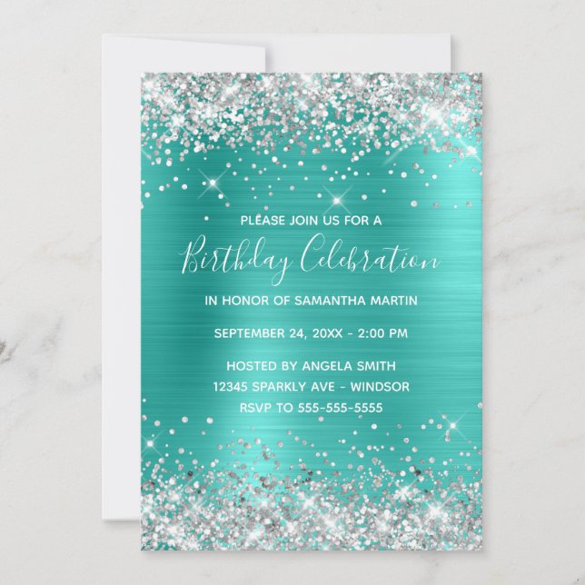 Invitation Parties scintillant d'argent Turquoise Foil fête d (Devant)