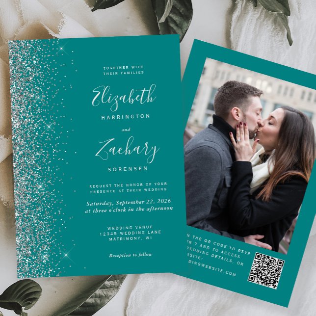 Invitation Parties scintillant d'argent Turquoise moderne pho (Créateur téléchargé)
