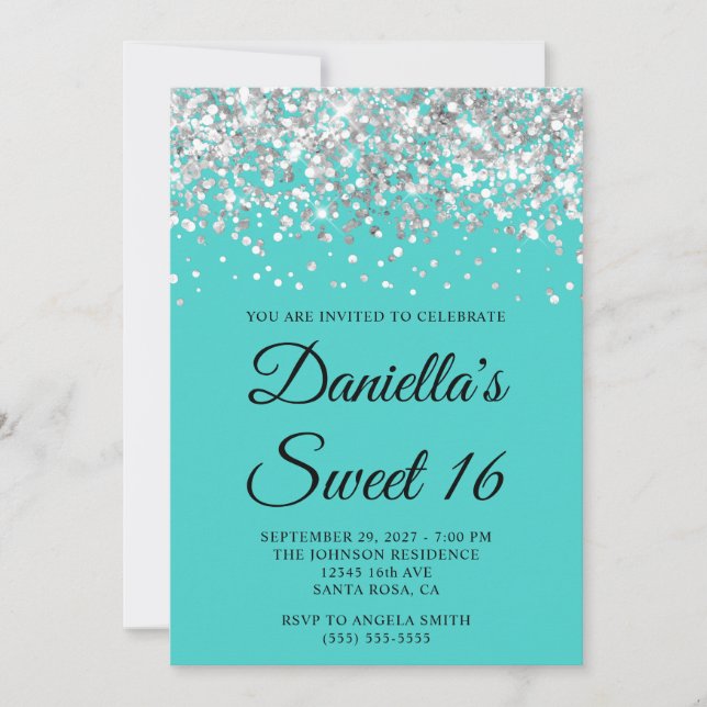 Invitation Parties scintillant d'argent Turquoise Sweet 16 (Devant)
