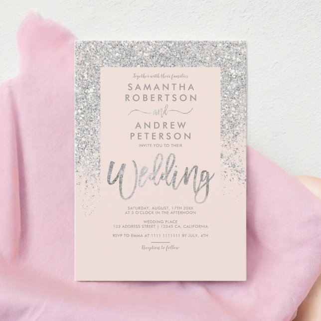 Invitation Parties scintillant d'argent typographie mariage r (Silver glitter typography blush pink wedding invitation)