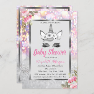 Invitation Parties scintillant d'argent Unicorn, Baby shower 