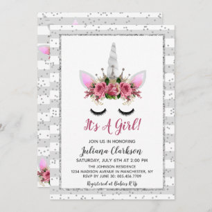 Invitation Parties scintillant d'argent Unicorn Princess Baby