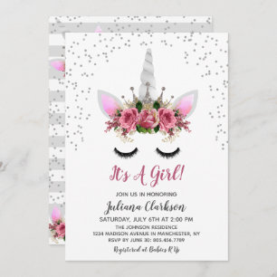 Invitation Parties scintillant d'argent Unicorn Princess Baby