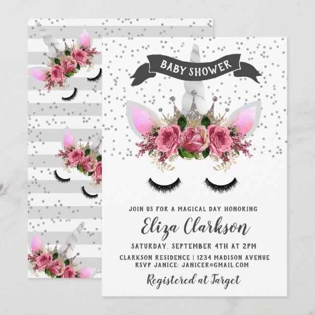 Invitation Parties scintillant d'argent Unicorn Princess Baby (Devant / Derrière)