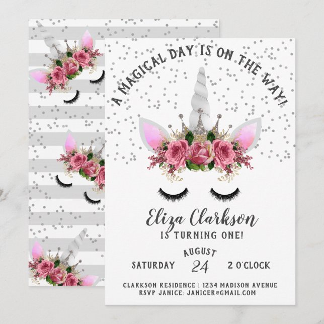 Invitation Parties scintillant d'argent Unicorn Princesse Ann (Devant / Derrière)