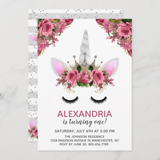 Invitation Parties scintillant d'argent Unicorn Princesse Ann (Devant / Derrière)