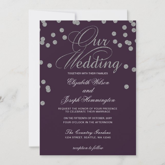 Invitation Parties scintillant d'argent violet Confetti Maria (Devant)