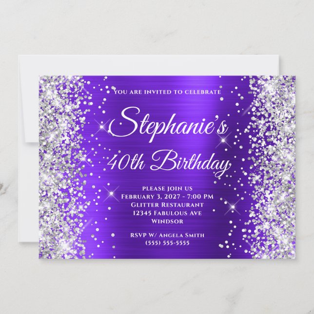 Invitation Parties scintillant d'argent Violet fantaisie Mono (Devant)