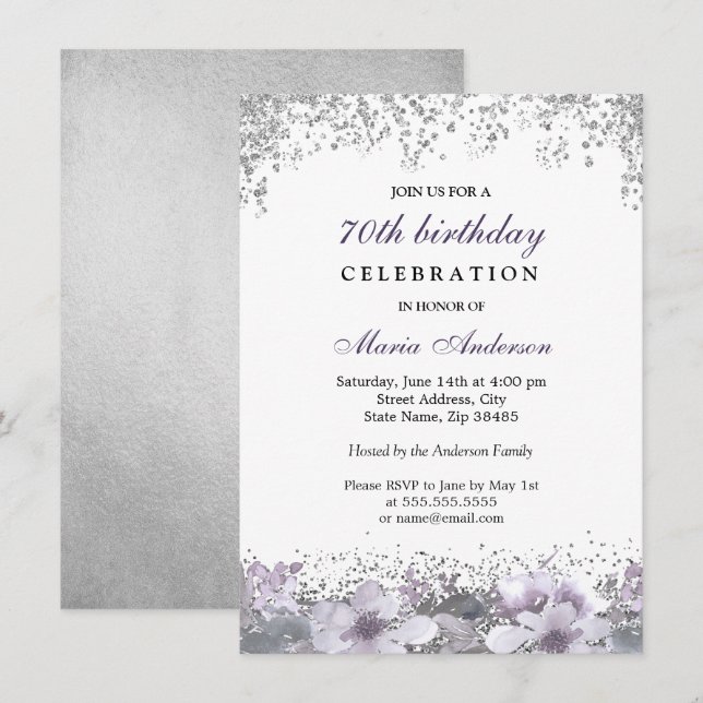 Invitation Parties scintillant d'argent violet fleuri 70e ann (Devant / Derrière)