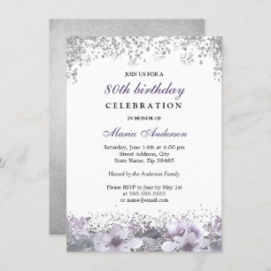 Invitation Parties scintillant d'argent violet fleuri 80e ann