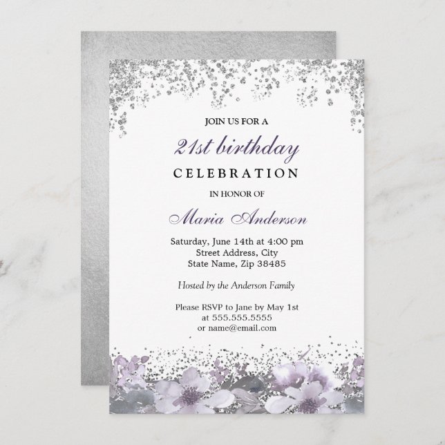 Invitation Parties scintillant d'argent violet Floral 21e ann (Devant / Derrière)