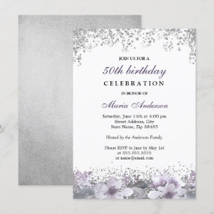 Invitation Parties scintillant d'argent violet Floral 50e ann