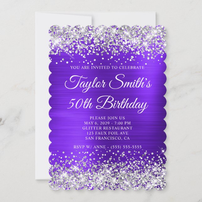 Invitation Parties scintillant d'argent violet Monogramme 50e (Devant)